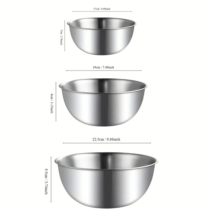 Set of 3 Stainless Steel Mixing Bowls with Measurement Marks — Thickened for Mixing & Kneading