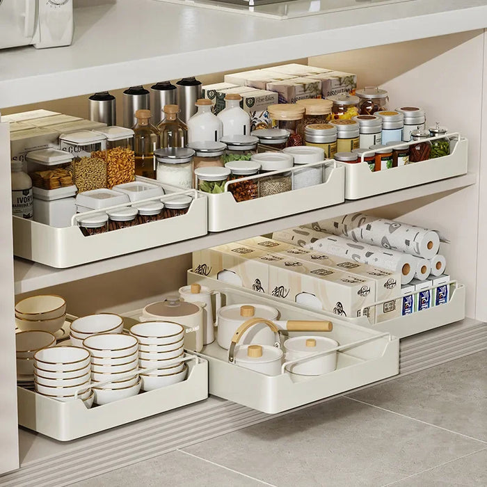 Pull-Out Kitchen Drawer Rack with Slide Rails — 43cm Stainless Steel Organiser (White)