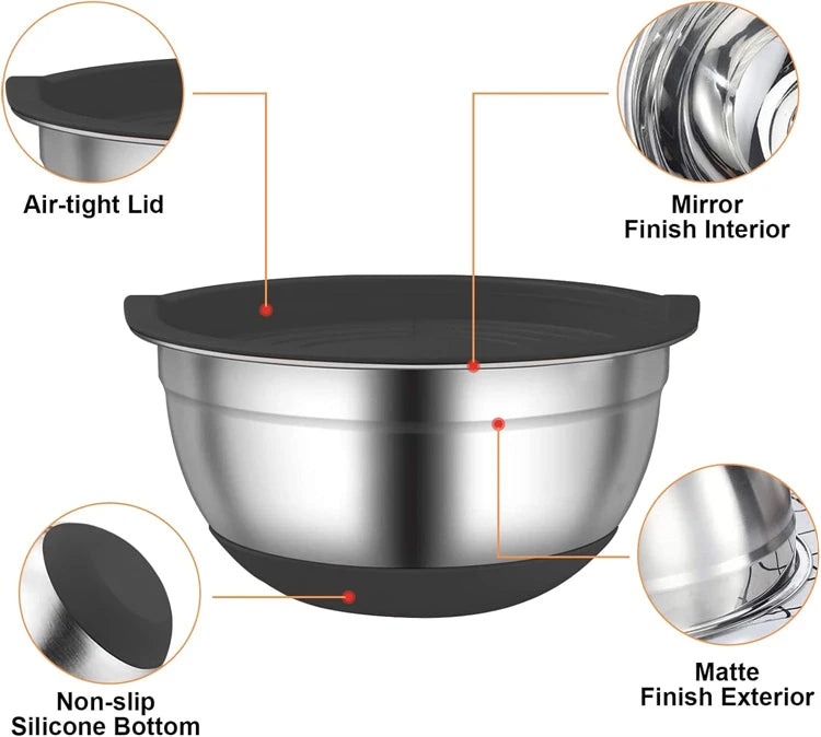 6-Piece Stainless Steel Nesting Mixing Bowls with Black Lids and Non-Slip Bases