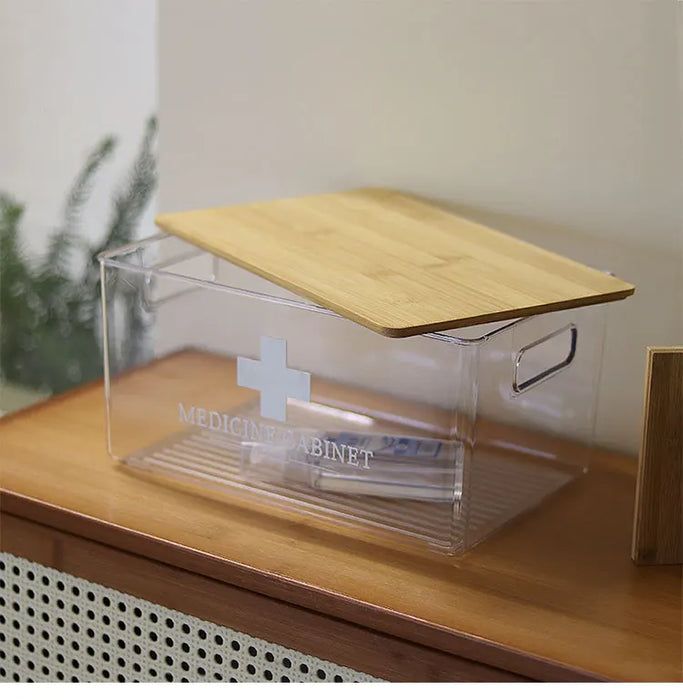 Reusable Plastic Medicine Box with Bamboo-style Cover — Black, Solid-colour