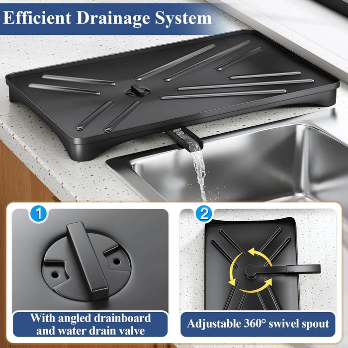 Steel 1-Tier Dish Rack with Angled Drainboard & 3-Slot Cutlery Caddy — Black