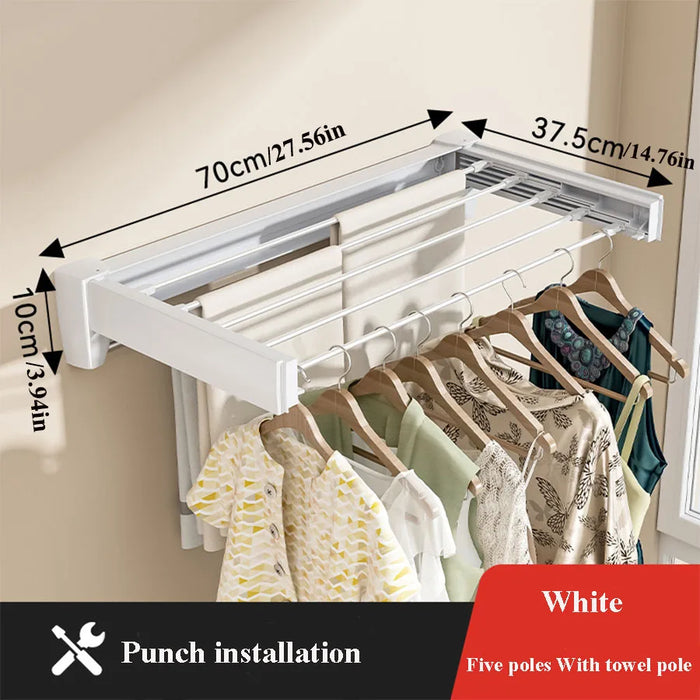 Folding Telescopic Wall-Mounted Towel & Clothes Rack — PVC, Extendable (White/Silver)
