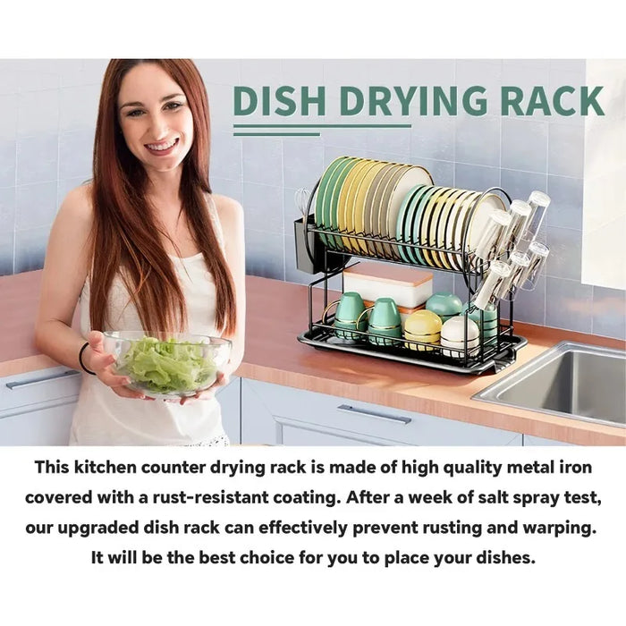 2-Tier Dish Drying Rack with Drip Tray, Cup & Utensil Holders