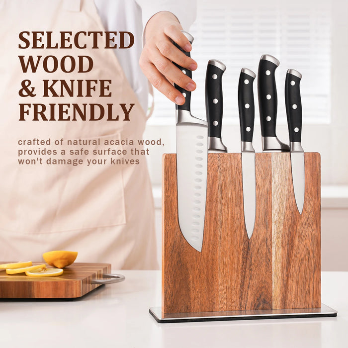 Acacia Wood Magnetic Knife Block with Stainless Steel Base