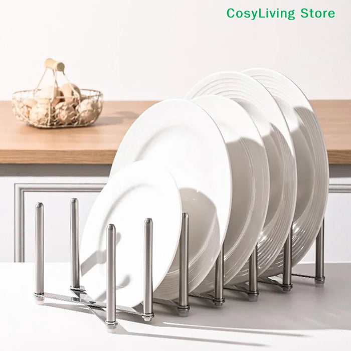 Retractable Foldable Stainless Steel Plate & Pot Lid Rack — Adjustable Dish and Tableware Organiser