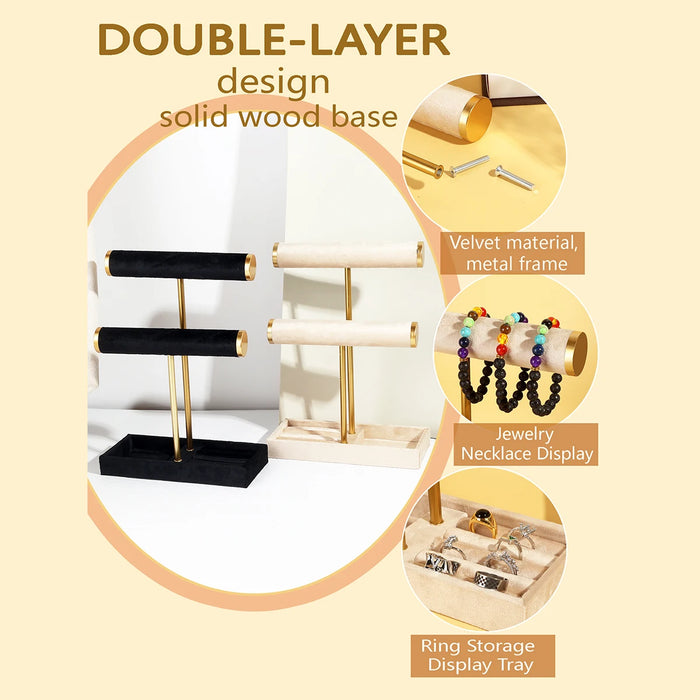 Two-Level T-Style Bangle Stand – Wooden, Velvet-Lined Jewellery Display (Black, Beige)