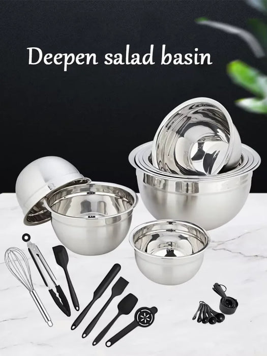 5-piece Stainless Steel Salad Basins with Lids — 2L+ Mixing & Baking Bowls (Silver)