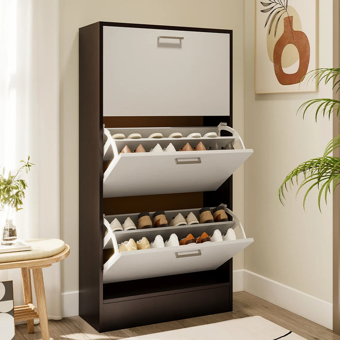 Narrow 3-Tier Flip-Top Shoe Cabinet – Walnut & White Vertical Storage