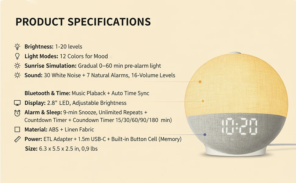 Wake-Up Light Sunrise Alarm Clock with White Noise, Bluetooth Speaker & Colour-Changing Night Light