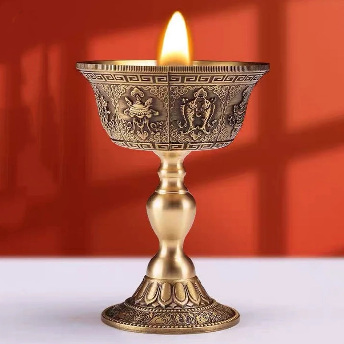 Copper Buddhist Candlestick with Bronze Finish — Dragon & Phoenix Inlay