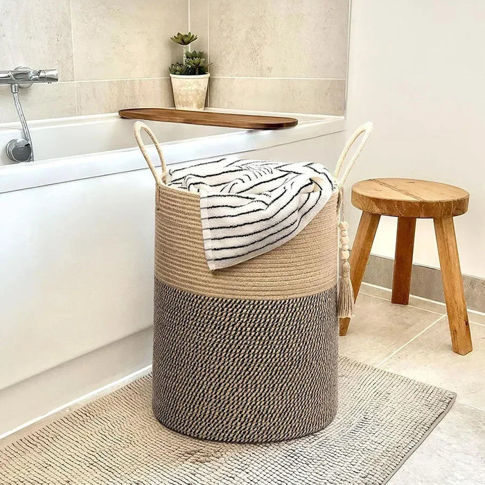 Large Tall Woven Storage Basket – Foldable Cotton Rope Laundry Hamper