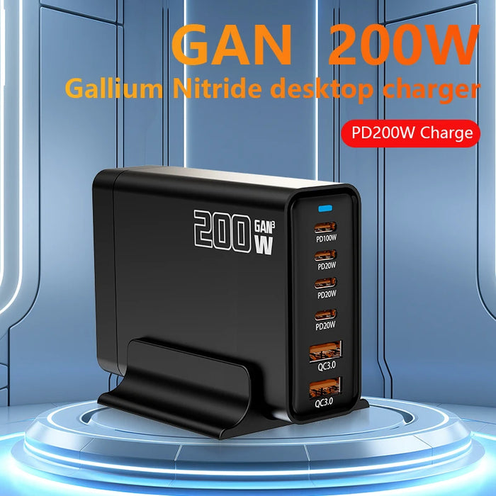 200W GaN 5‑Port USB‑C Fast Charger — Desktop Hub for MacBook Pro/Air & iPad Pro