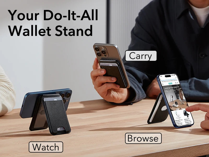 Vegan Leather MagSafe Wallet with Adjustable Stand — 5-Card Holder for iPhone 12–16