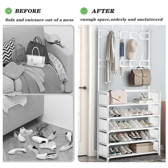 5-Tier Metal Coat & Shoe Rack with 8 Hooks — White