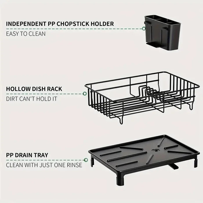 Rustproof Dish Drainer for Worktops with Removable Drain Board & Utensil Holder — Black