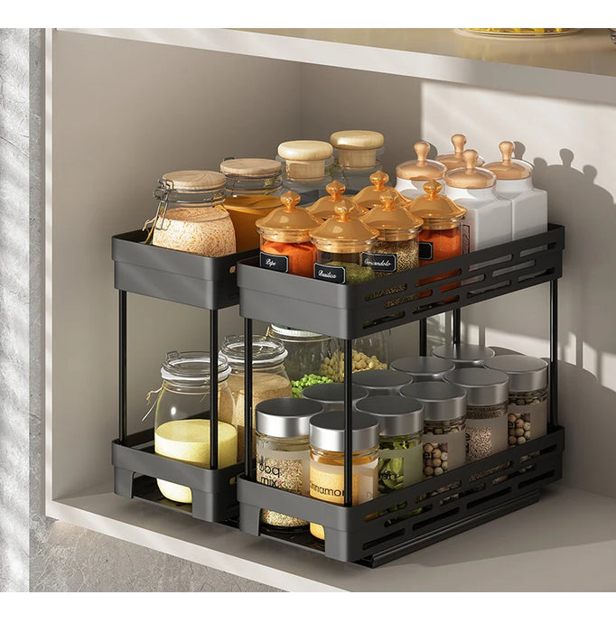 Pull-out 2-Layer Plastic Spice Rack — Large Capacity Kitchen Organiser