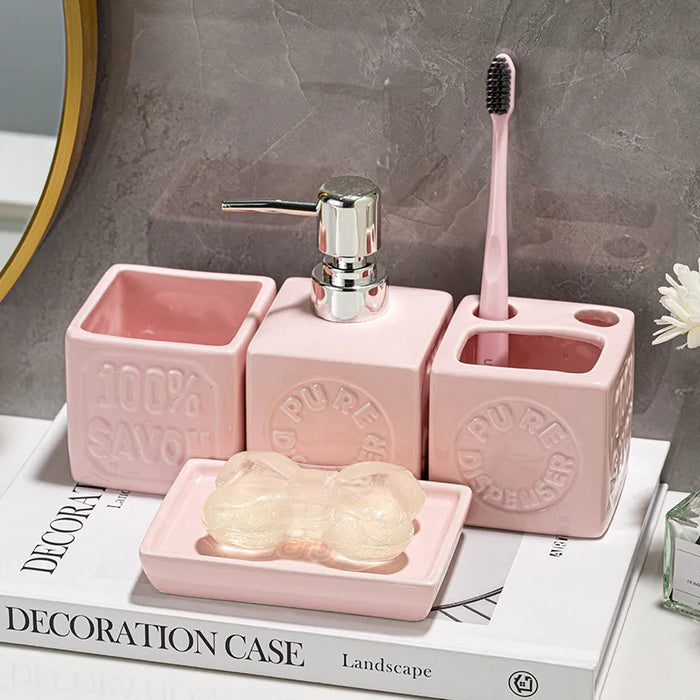 Ceramic 4-Piece Bathroom Organiser Set — Soap Dispenser, Lotion Bottle, Toothbrush Cup & Soap Dish