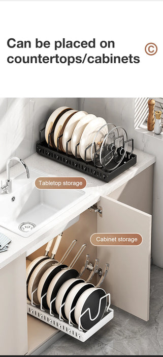 Pull-Out Pots & Pans Organiser — Sliding Lid Holder & 8-Compartment Kitchen Rack (White/Black)