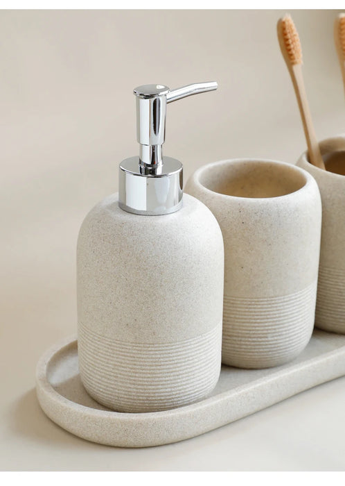 5‑Piece Bathroom Accessory Set — Dispenser, Toothbrush Holder, Tumbler, Tray & Soap Dish (Beige or Grey)
