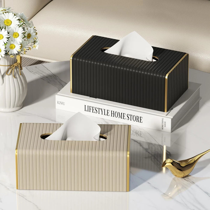 White Rectangular Leather Tissue Box Cover with Gold-Tone Edging — Small 16×11.5×8cm