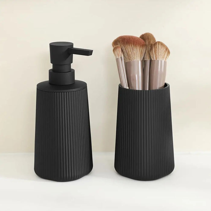 2-Piece Bathroom Set – Soap Dispenser & Toothbrush Holder, Striped Black
