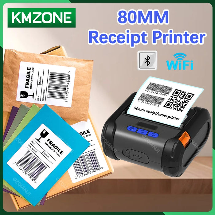 Portable 80mm Thermal Label & Receipt Printer — USB, Wi‑Fi & Bluetooth (iOS/Android/Windows)