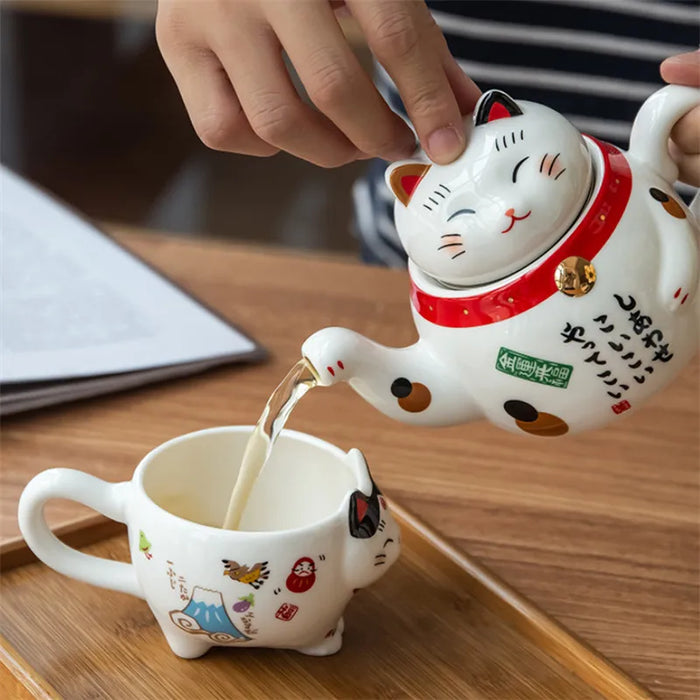 Japanese-style Maneki Neko Porcelain Tea Set with Strainer