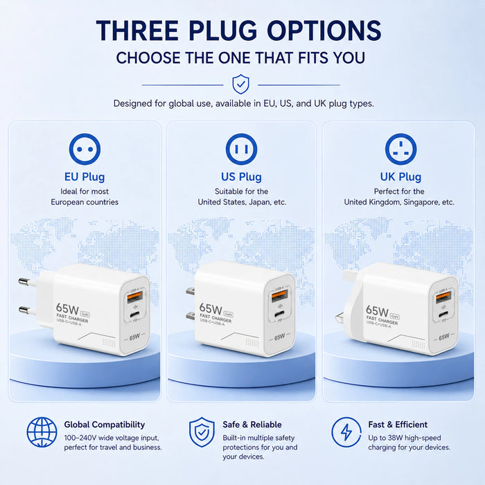 65W GaN Dual-Port USB Charger — USB-C & USB-A, EU/US Plug Options
