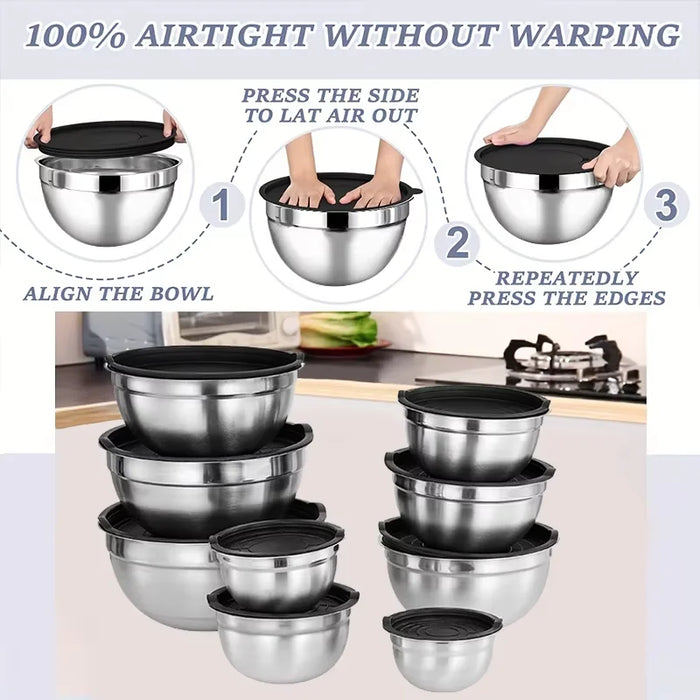 5-piece Stainless Steel Salad Basins with Lids — 2L+ Mixing & Baking Bowls (Silver)