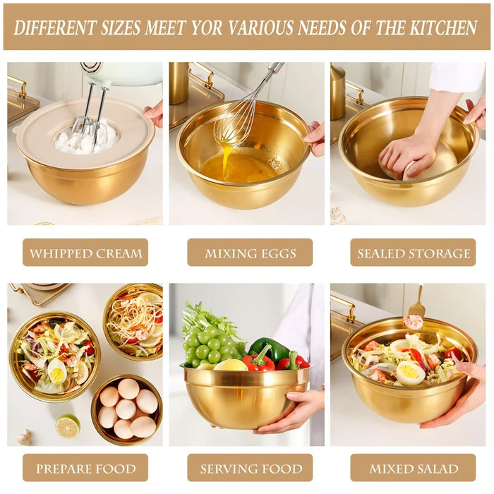 10-piece Gold Stainless Steel Mixing Bowl Set with Lids & Sharpener - Dishwasher-safe