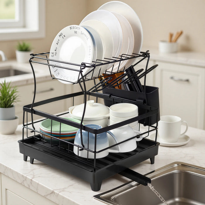 2-Tier Dish Drainer Rack with Utensil Holder – Space-Saving Metal Drying Rack