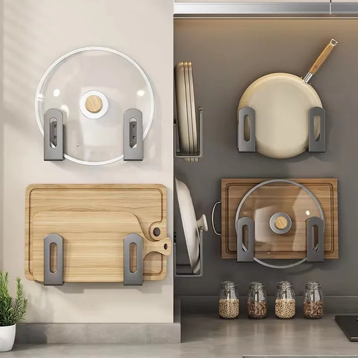 2-pack Pot Lid & Cutting Board Holder — Wall-Mounted Metal Rack (Black or Grey)