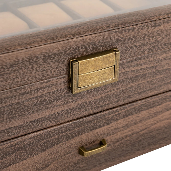 24-Slot Watch Box — Brown PU & Wood Display Case with Glass Lid