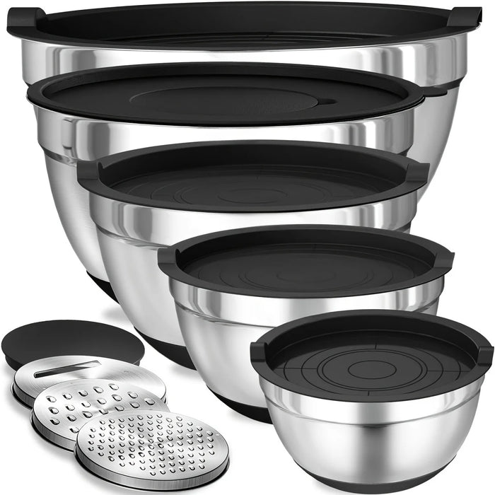 8-Piece Stainless Steel Mixing Bowls with Airtight Lids — Black, Non-Slip Bases
