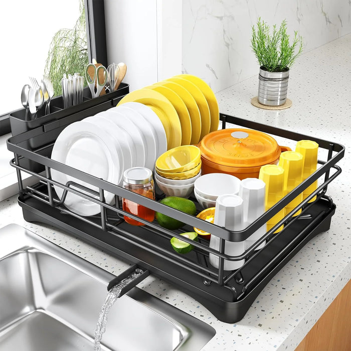 Large Rustproof Steel Dish Rack with Drainboard & Utensil Holder – Black