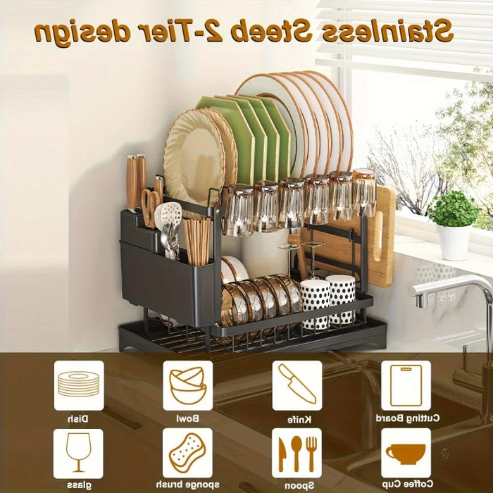 Double-layer Stainless Steel Kitchen Drain Rack for Tableware, Chopsticks and Cutting Boards (White or Black)