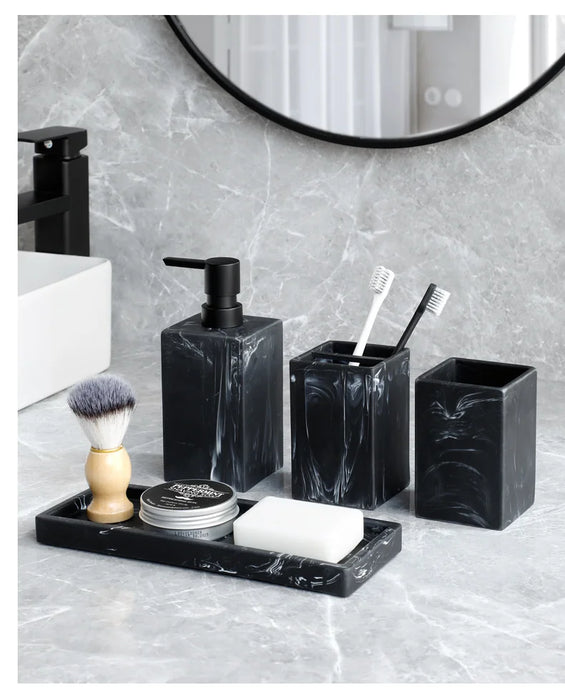 4-Piece Marble-Pattern Resin Bathroom Set — Lotion/Soap Dispenser, Toothbrush Holder, Tumbler & Tray (Black or White)