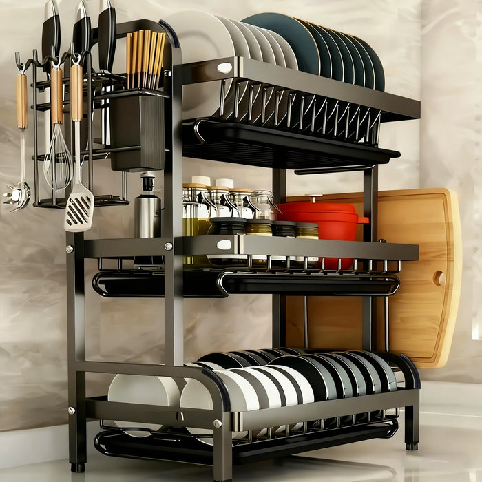 Large 2- or 3-Tier Carbon Steel Dish Rack – Auto-Draining Kitchen Organiser (Black)