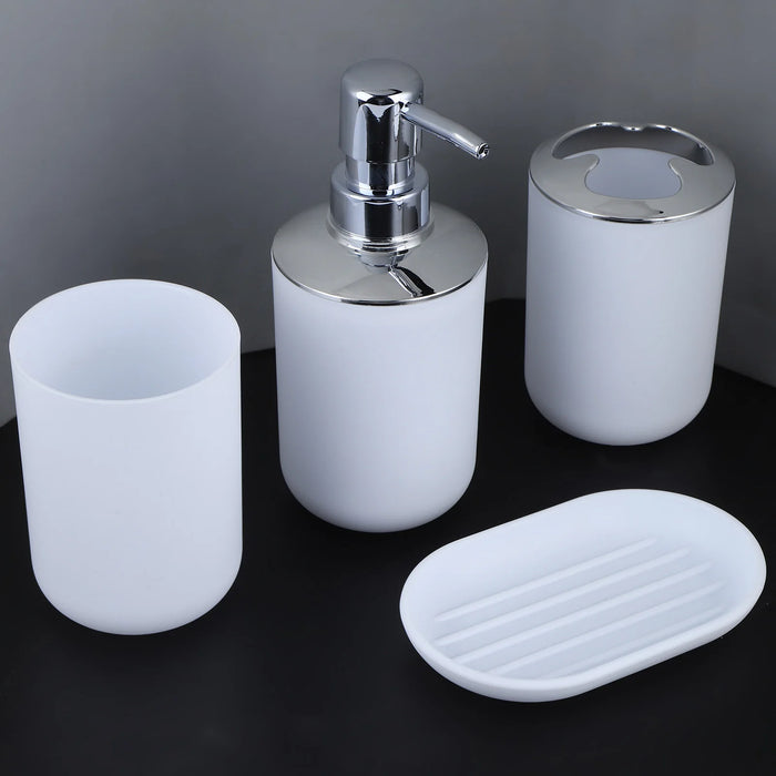 4‑Piece Plastic Bathroom Accessory Set — Soap Dispenser, Storage & Rinse Cups, Soap Dish