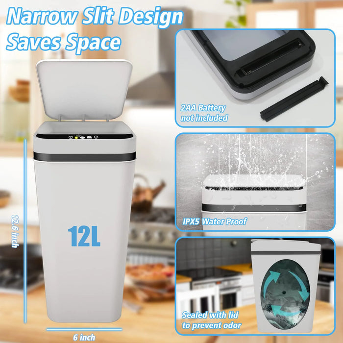 Slim Touchless Motion Sensor Bin with Lid — 12L (approx. 3.5 gal)