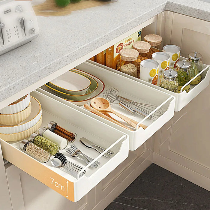 Pull-Out Kitchen Drawer Rack with Slide Rails — 43cm Stainless Steel Organiser (White)