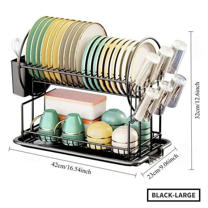 2-Tier Dish Drainer with Drain Board, Cup & Utensil Holders