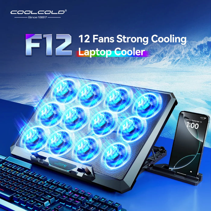 12-Fan Laptop Cooling Pad for 12–17.3 inch Laptops with Dual USB & Phone Stand