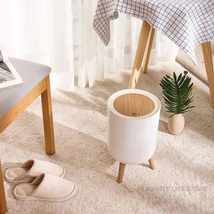 7L Round Wood‑Grain Press Dustbin with Legs