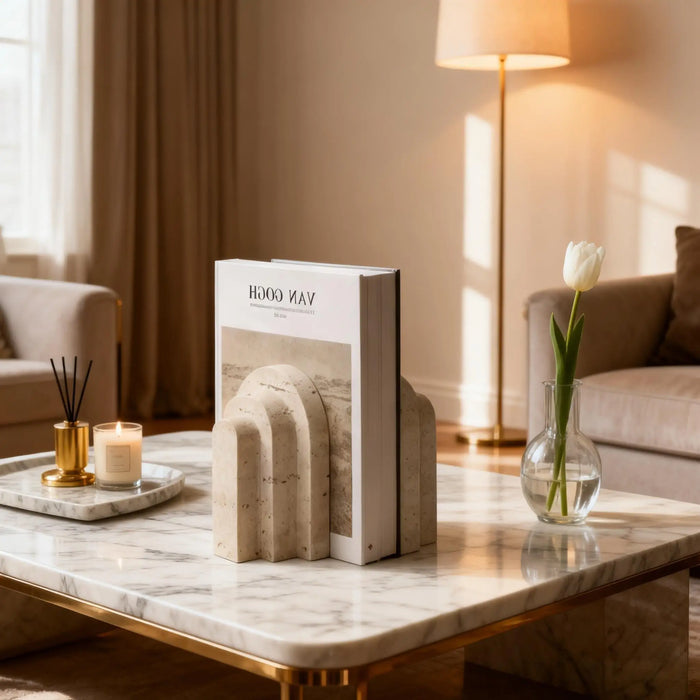 Travertine Marble Bookend — Natural Stone Desk & Bookshelf Accent (1 Piece)