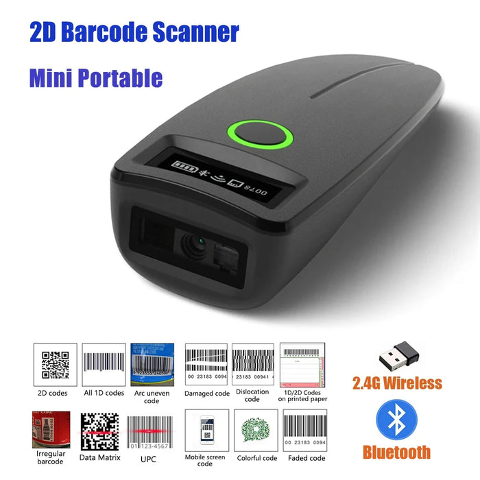 TD-W7 Mini 2D Barcode Scanner — 2.4G Wireless & Bluetooth, Portable 1D/2D QR Reader with Storage