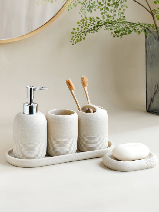 5-Piece Bathroom Accessory Set — Lotion Dispenser, Toothbrush Holder, Tumbler, Soap Dish & Tray (Beige or Grey)