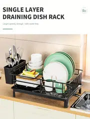 Rustproof 1-Tier Dish Drying Rack with Utensil Holder & Drain Board — Countertop Organiser (Black)