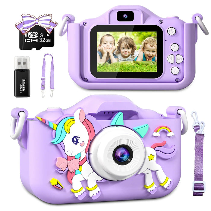 Kids Mini Camera Cartoon Unicorn Toys for Girls Boys Birthday Gifts 1080P HD 2inch Screen With 32G SD Card Record Life Camera - Shopsta EU