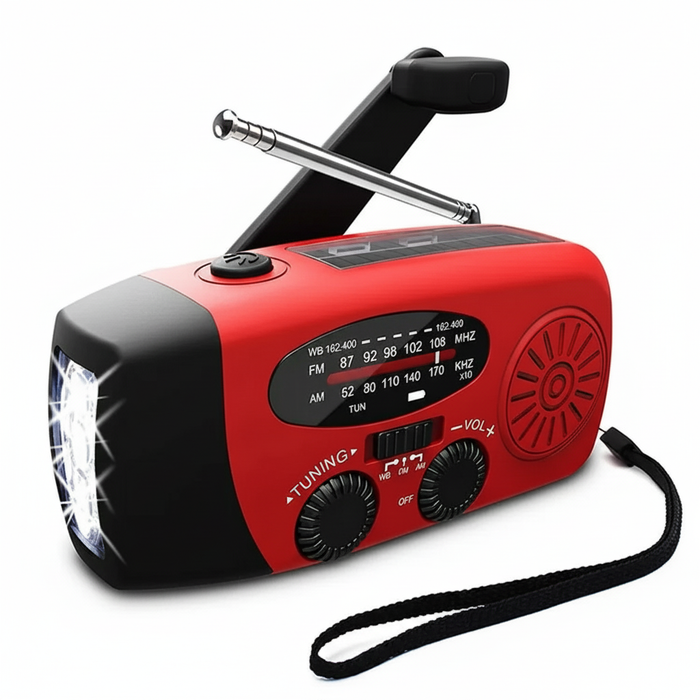 Radio Di Emergenza A Manovella E Solare Con Power Bank 2000mAh, AM/FM, Torcia 3 LED, SOS, Ricarica Micro-USB E Batterie AA (Modello E09)